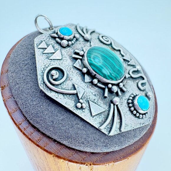 Sterling Silver 925 Malachite & Turquoise Native American Pendant 1.75" Length - Picture 2 of 9